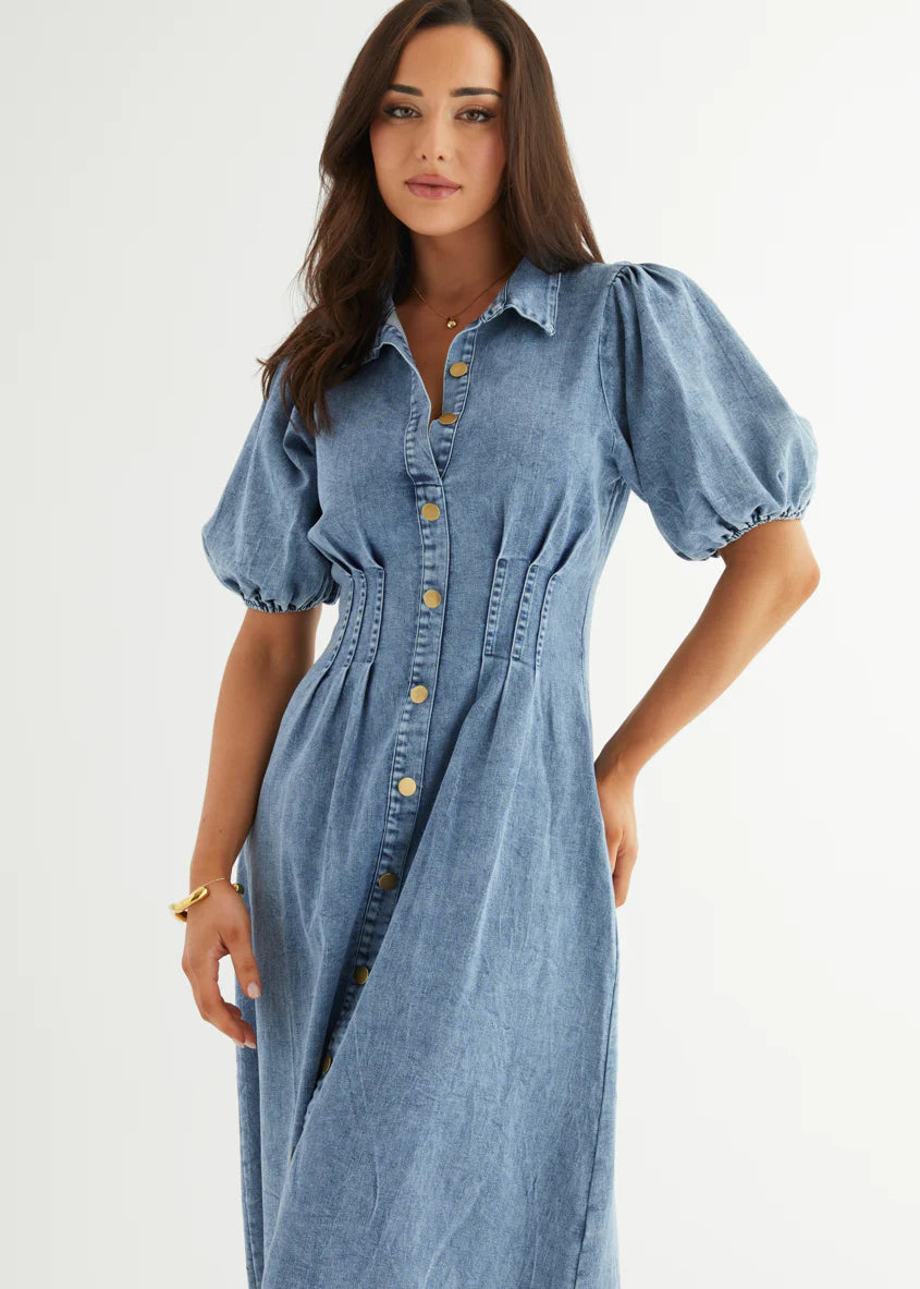 Yves Stretch Denim Midi Dress - Washed Blue