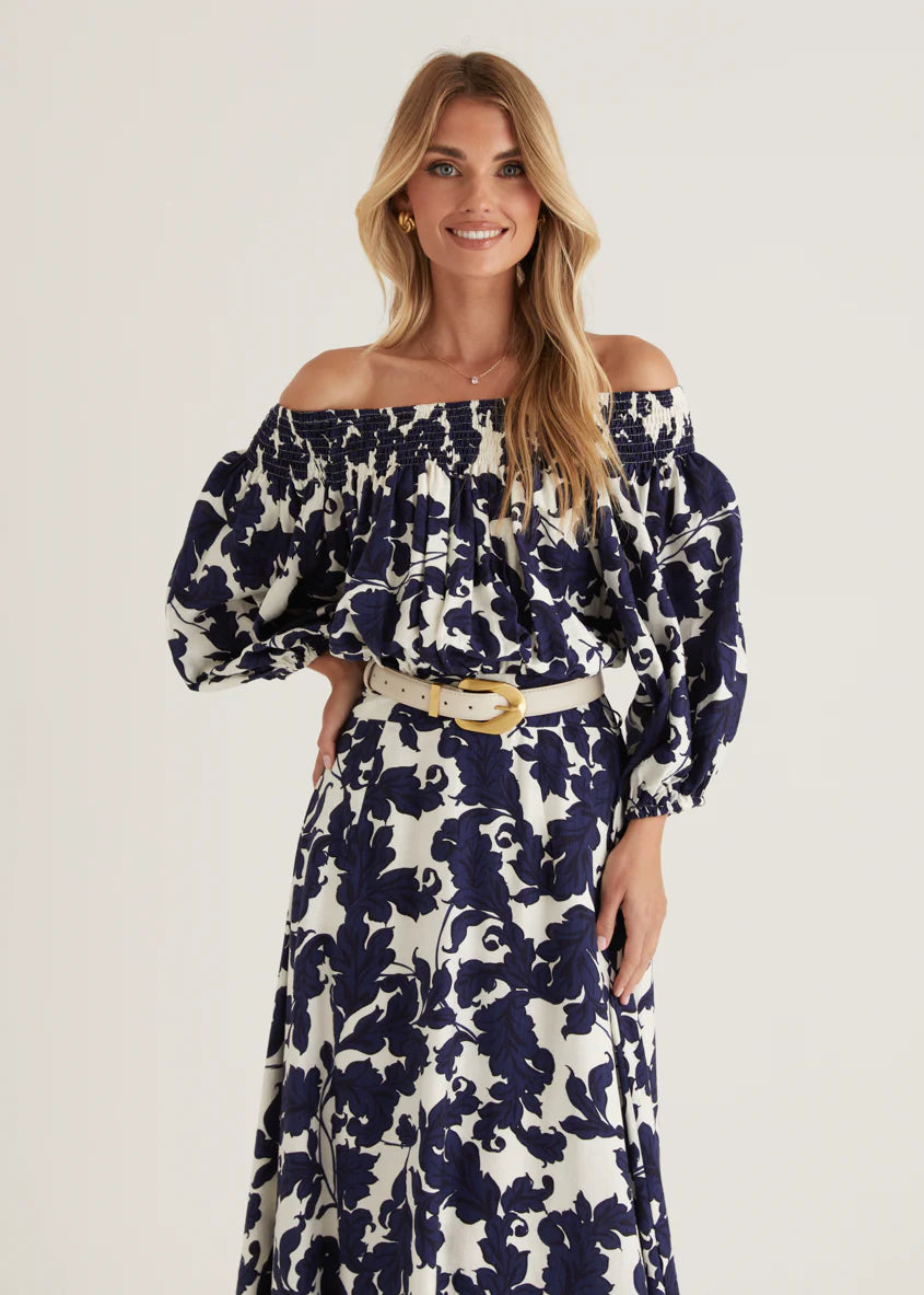 Talu Off Shoulder Midi Dress - Navy Paisley