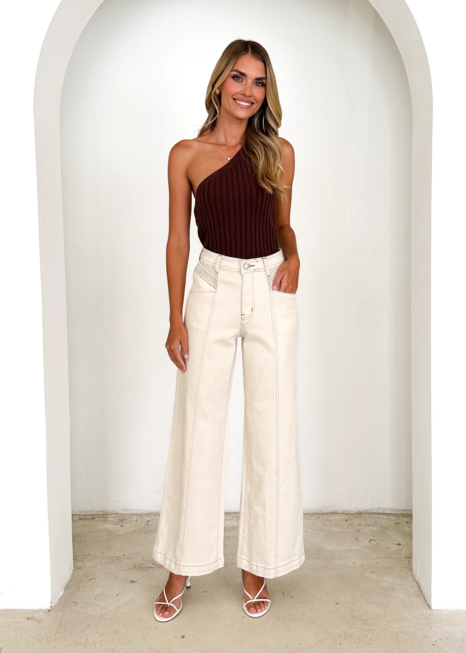 Jess Stretch Wide Leg Jeans - Sand