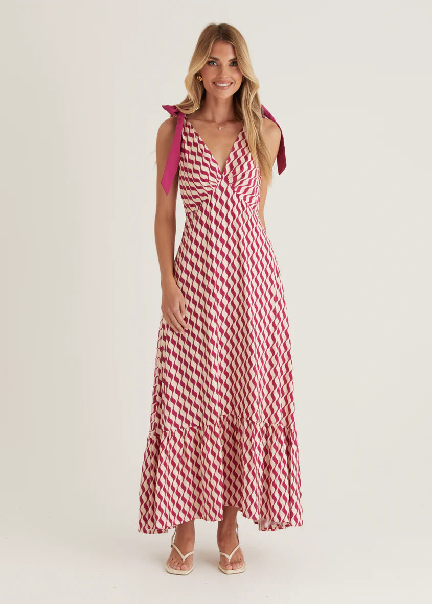 Havannah Tie Midi Dress - Magenta Wave