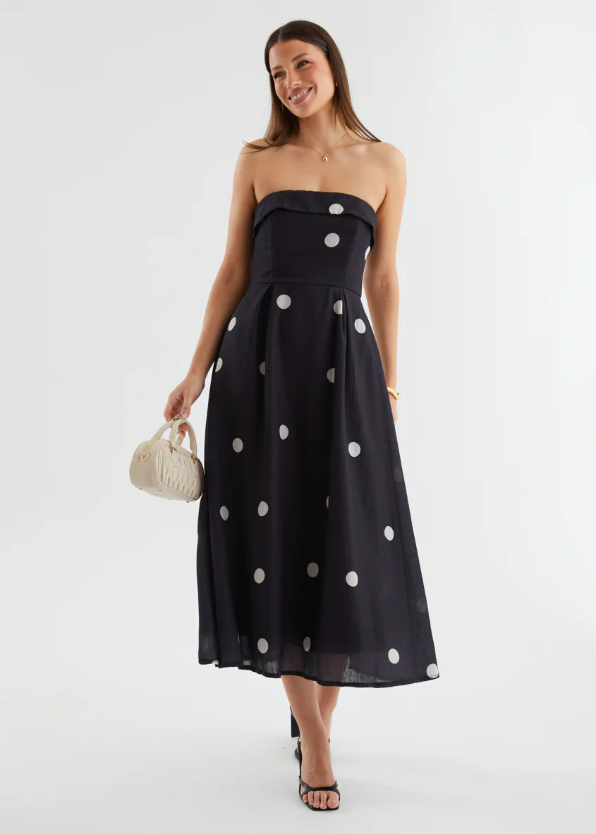 Charlee Strapless Midi Dress - Black Polka