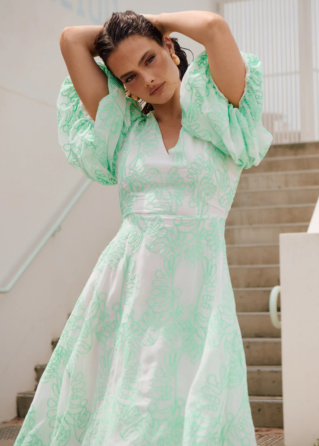 Ninetta Midi Dress - Green Embroidered