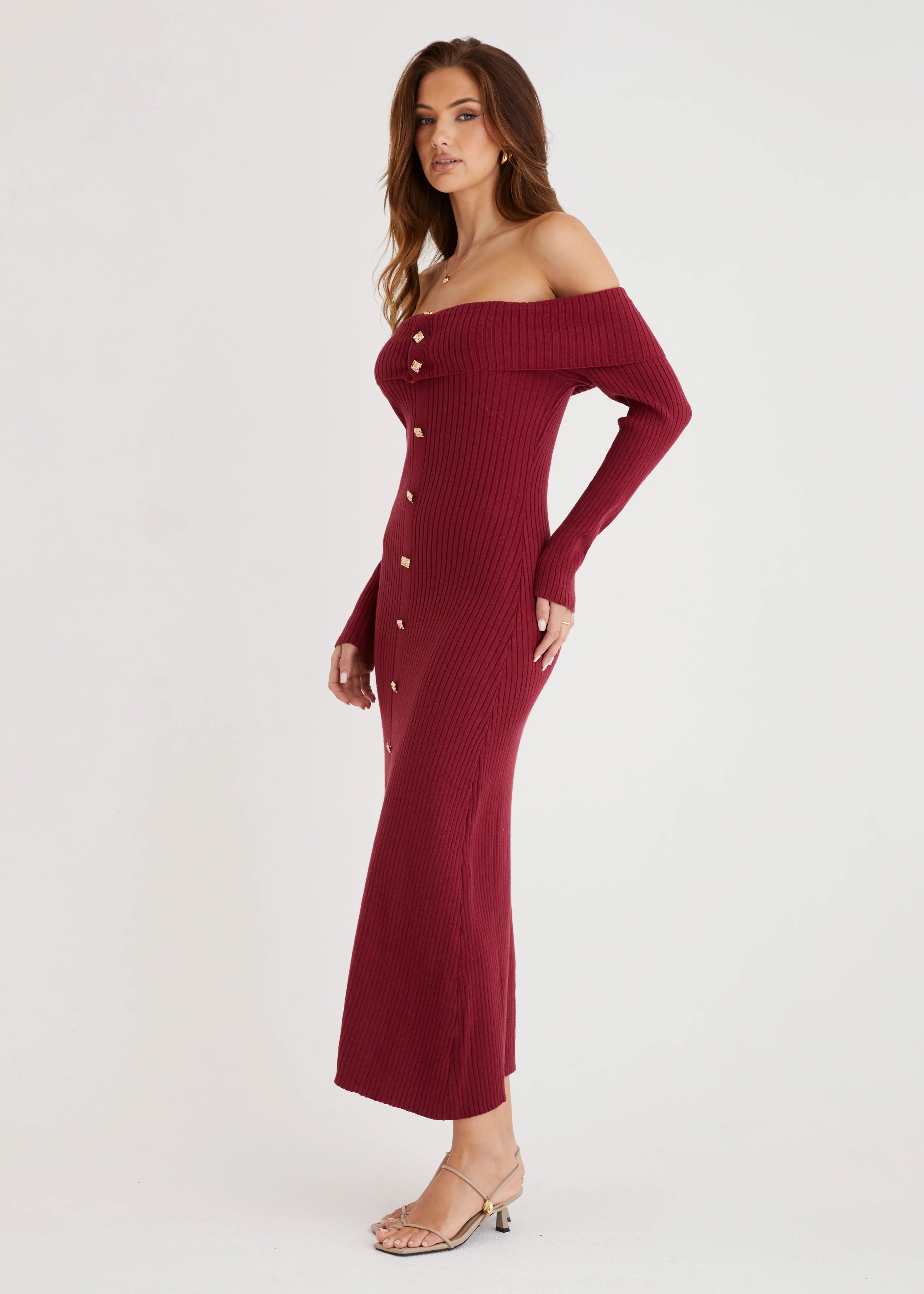 Aloe Off Shoulder Knit Maxi Dress - Wine