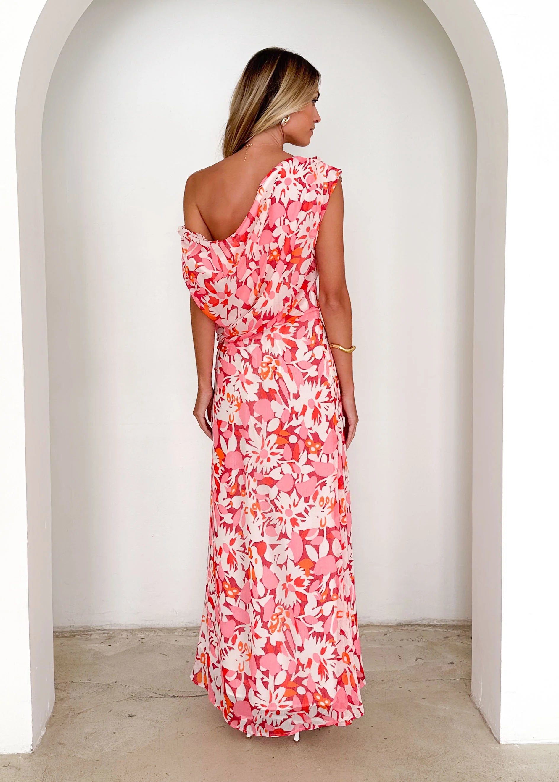 Helix Off Shoulder Midi Dress - Rio Pink