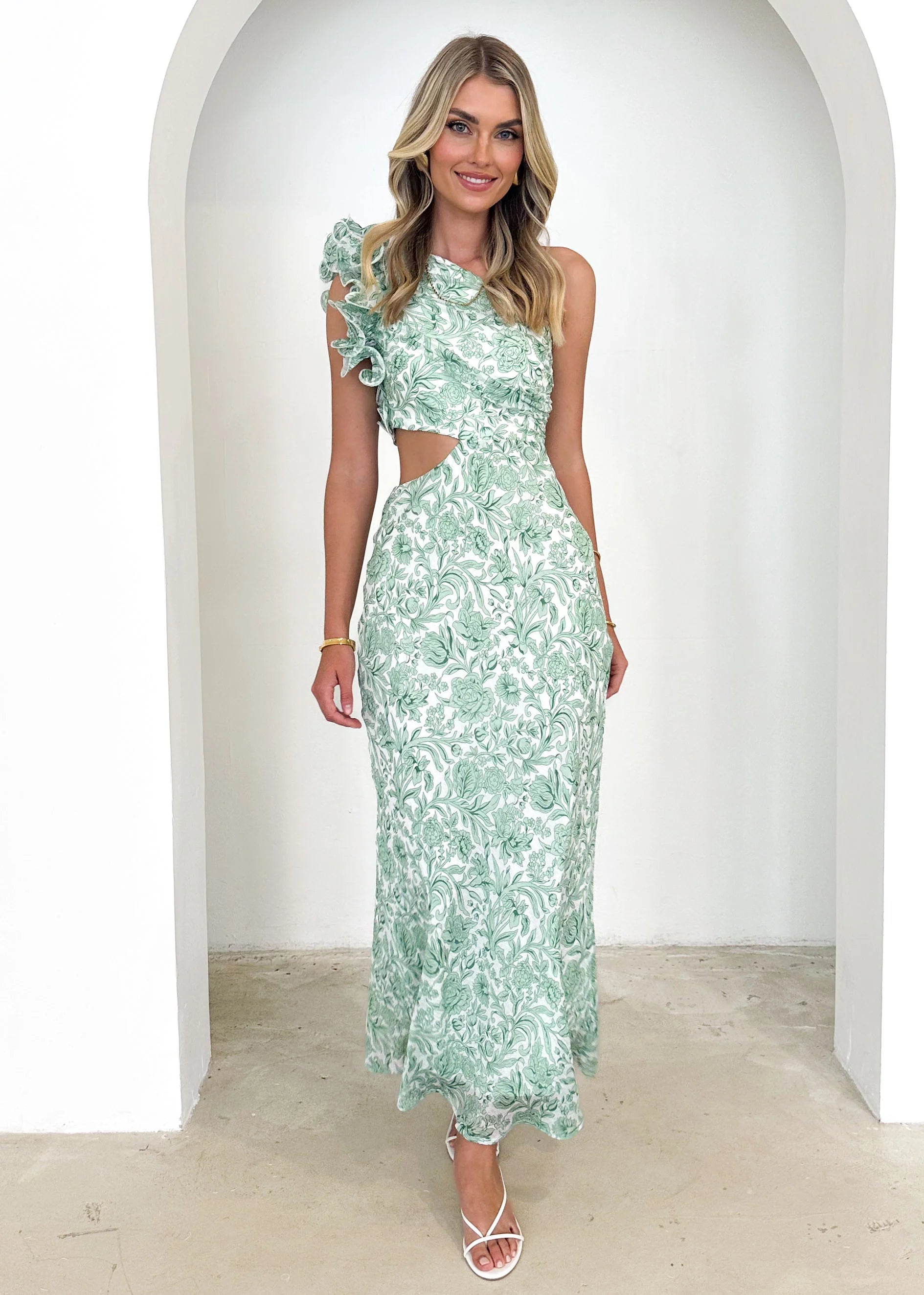 Adelia One Shoulder Midi Dress - Green Floral