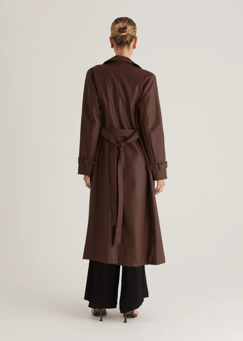Chanti PU Trench Coat - Chocolate