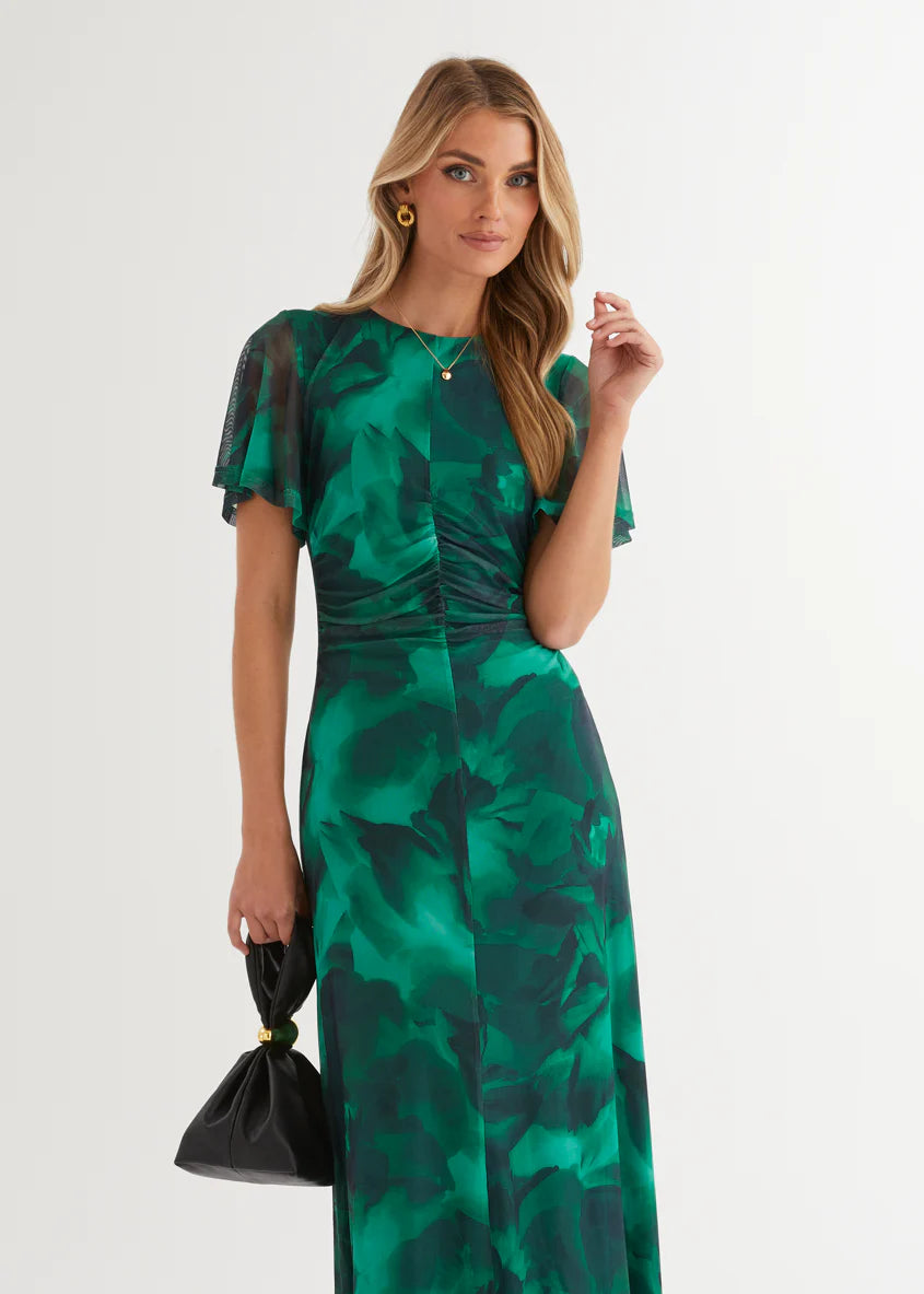 Ricki Mesh Midi Dress - Emerald Watercolour