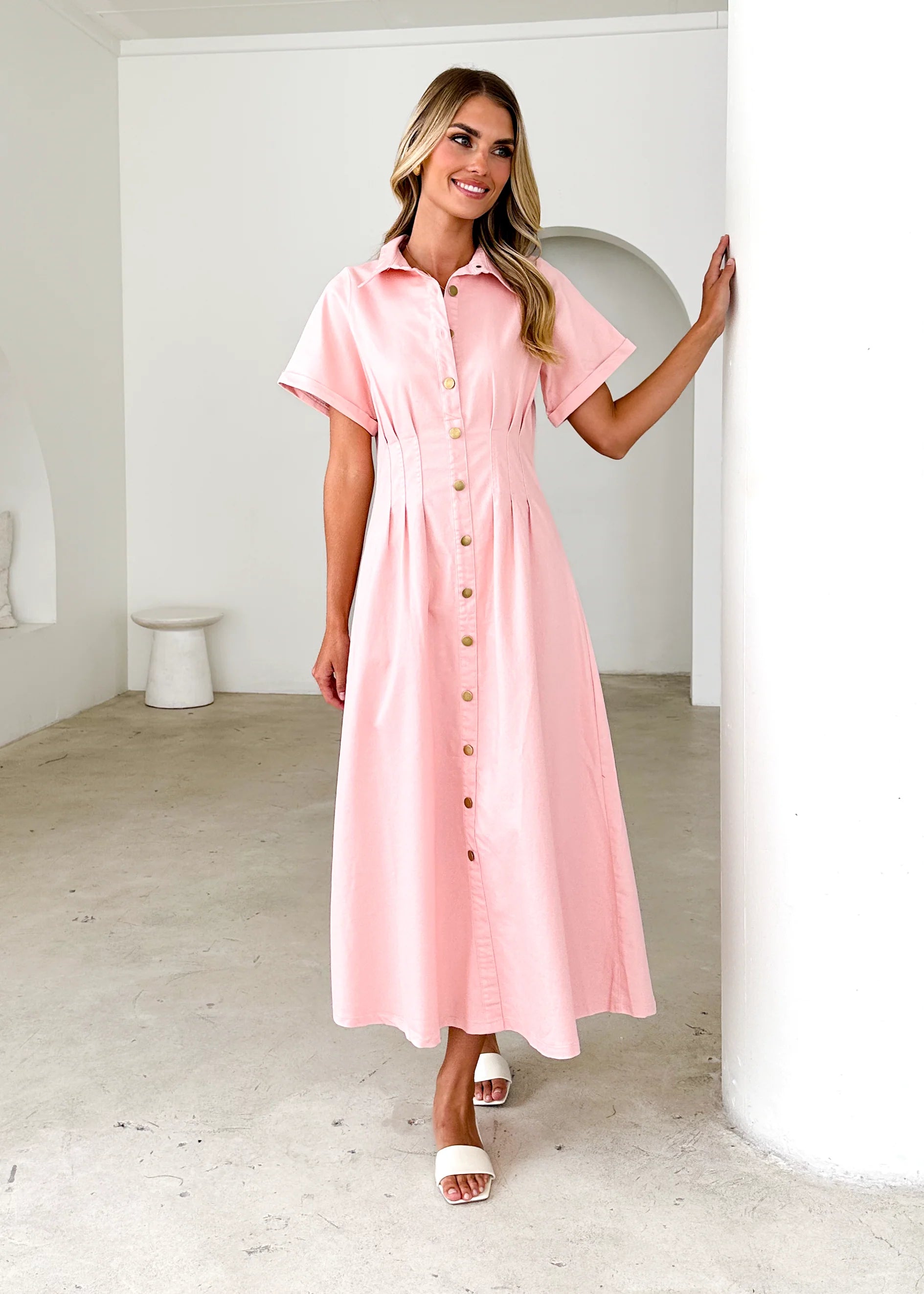 Annika Denim Midi Dress - Pink