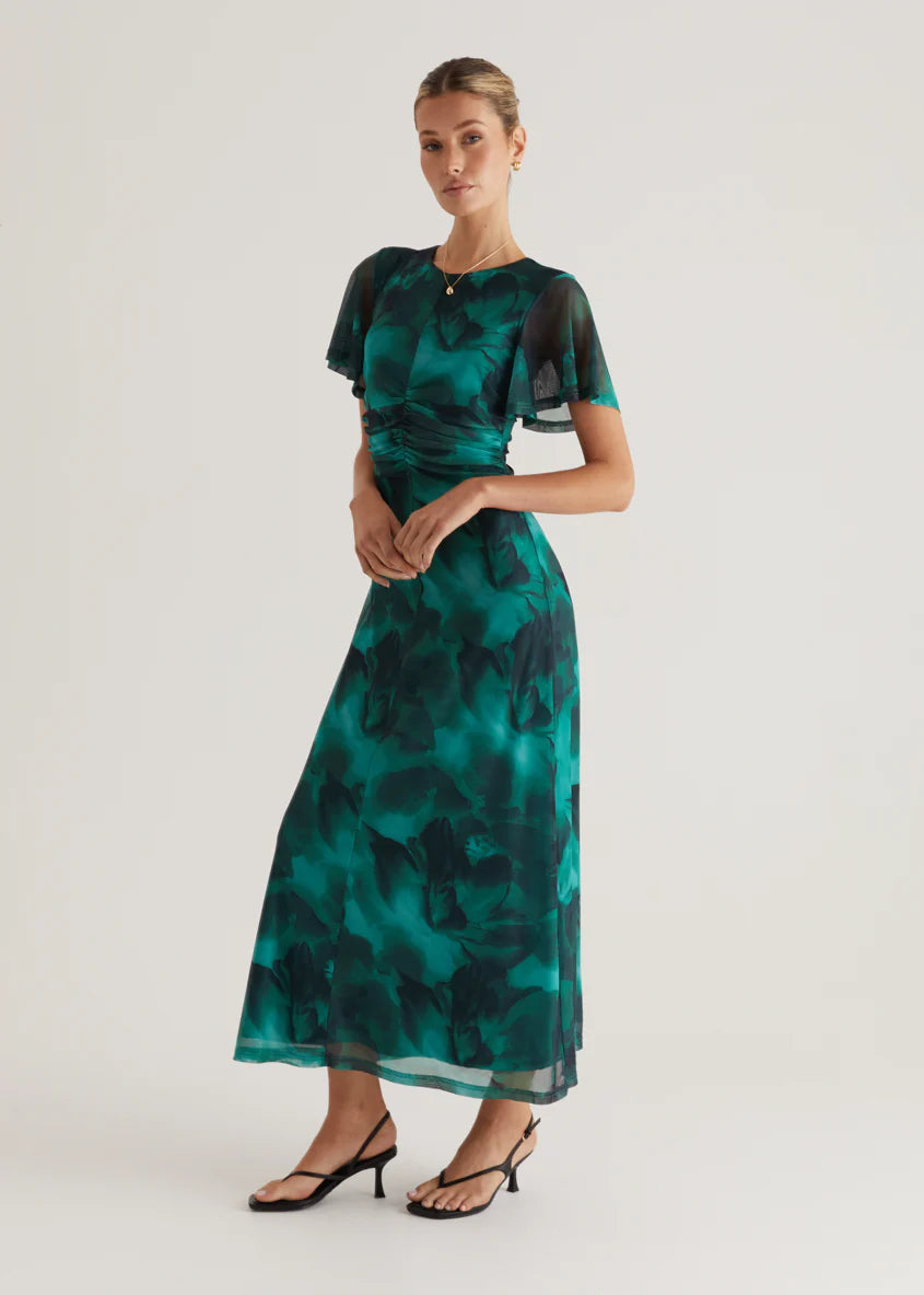 Ricki Mesh Midi Dress - Emerald Watercolour