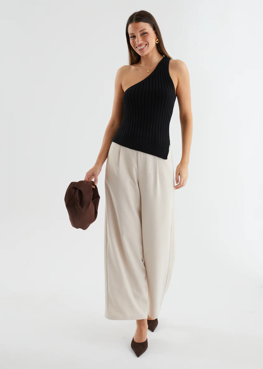 Natalee One Shoulder Knit Top - Black