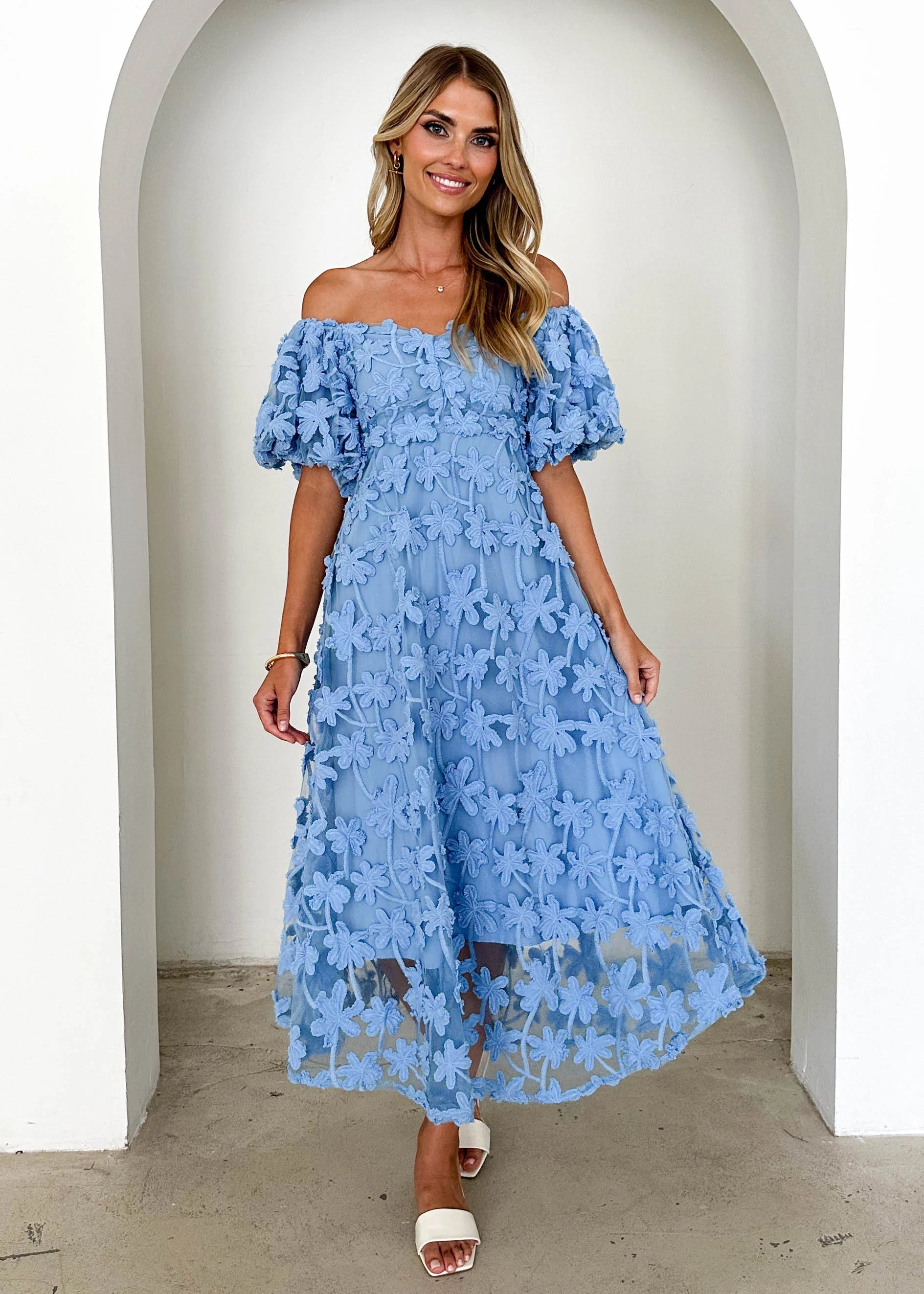 Maliah Off Shoulder Midi Dress - Blue Lace