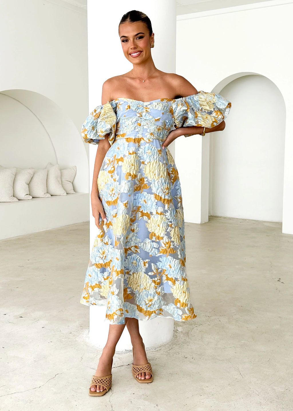 Tulliah Off Shoulder Midi Dress - Blue Jacquard