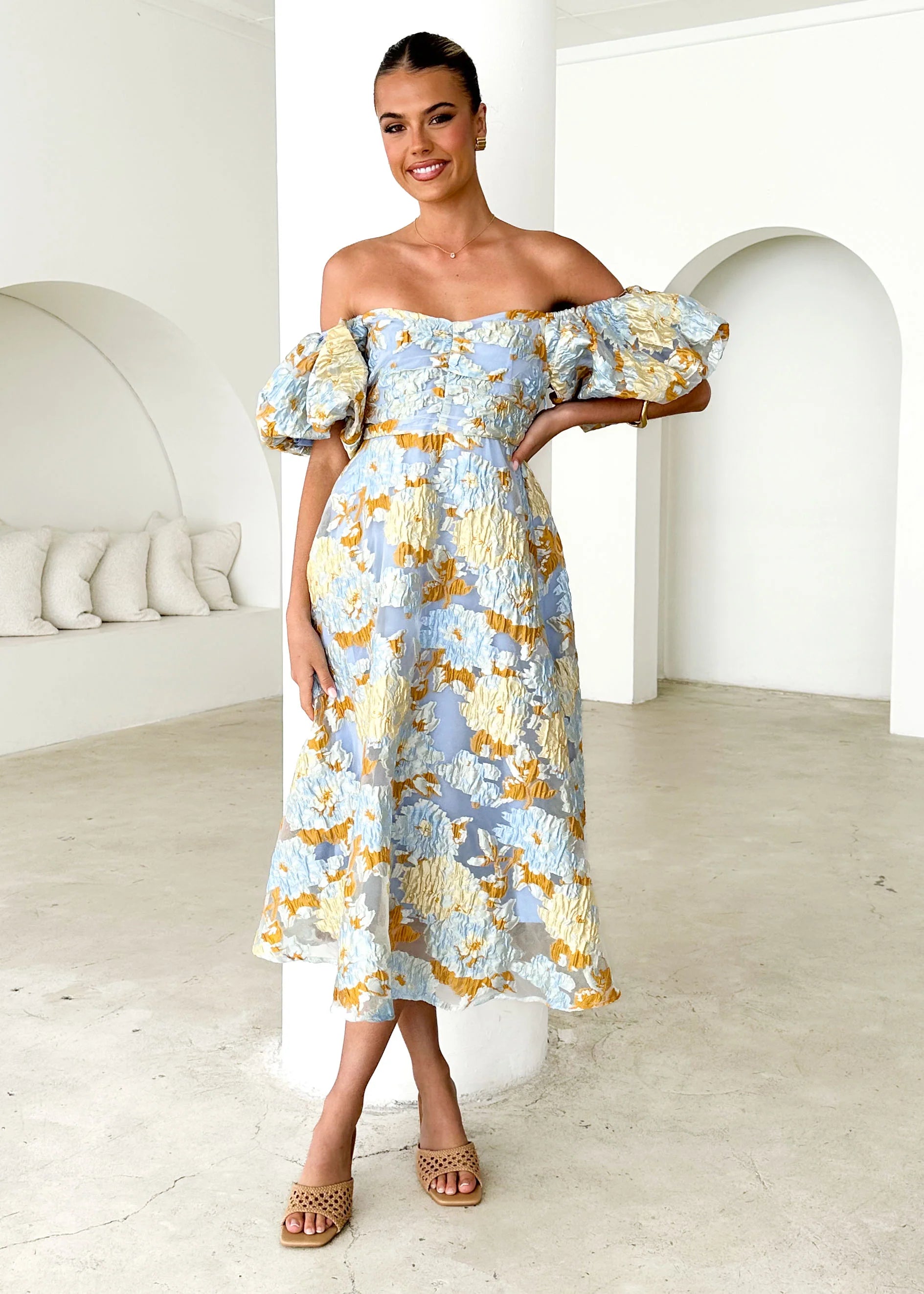 Tulliah Off Shoulder Midi Dress - Blue Jacquard