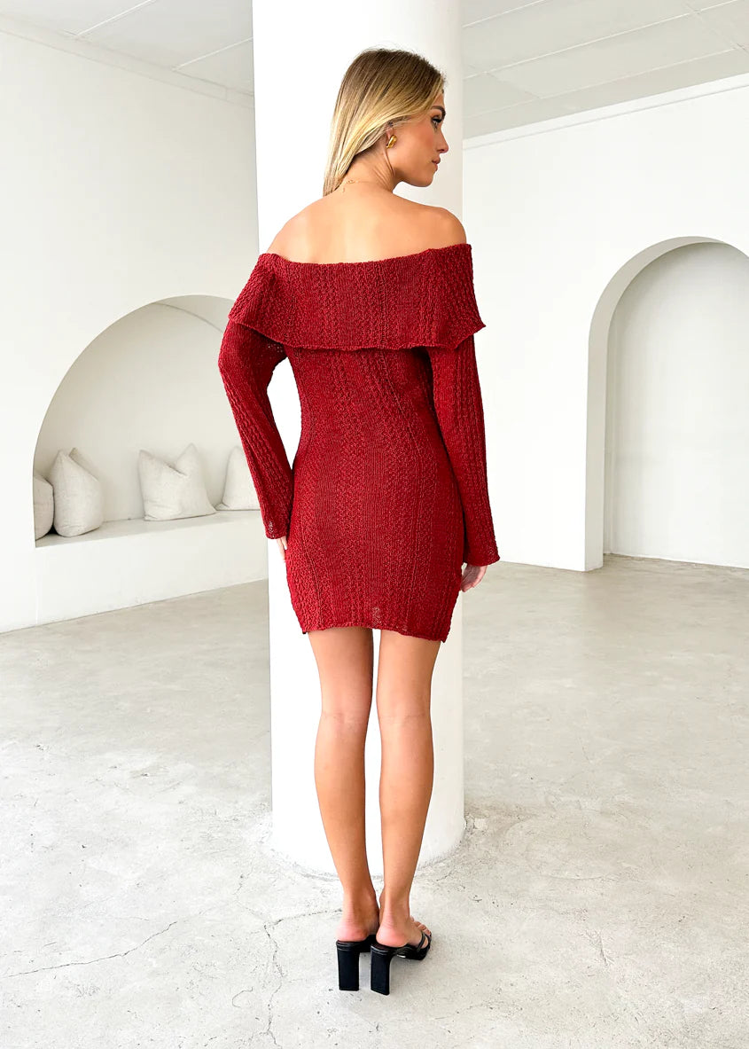 Luna Off Shoulder Knit Dress - Maroon