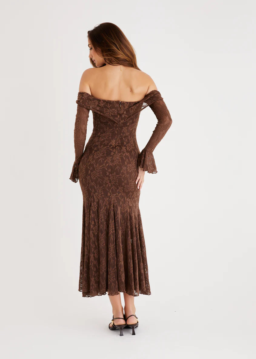 Cabo Off Shoulder Lace Maxi Dress - Chocolate