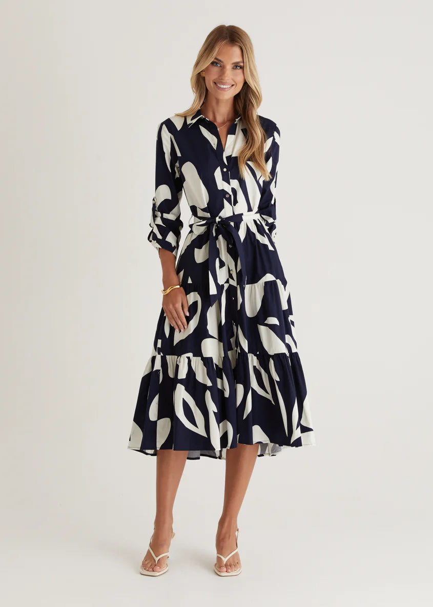 Maybelle Midi Dress - Navy Leaf