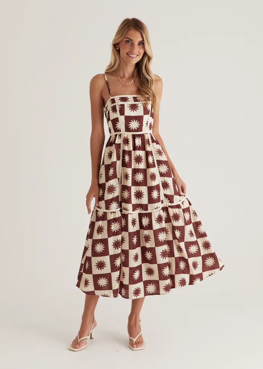 Valencia Midi Dress - Brown Abstract