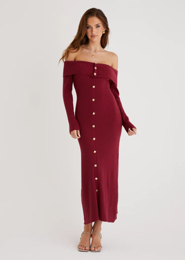 Aloe Off Shoulder Knit Maxi Dress - Wine