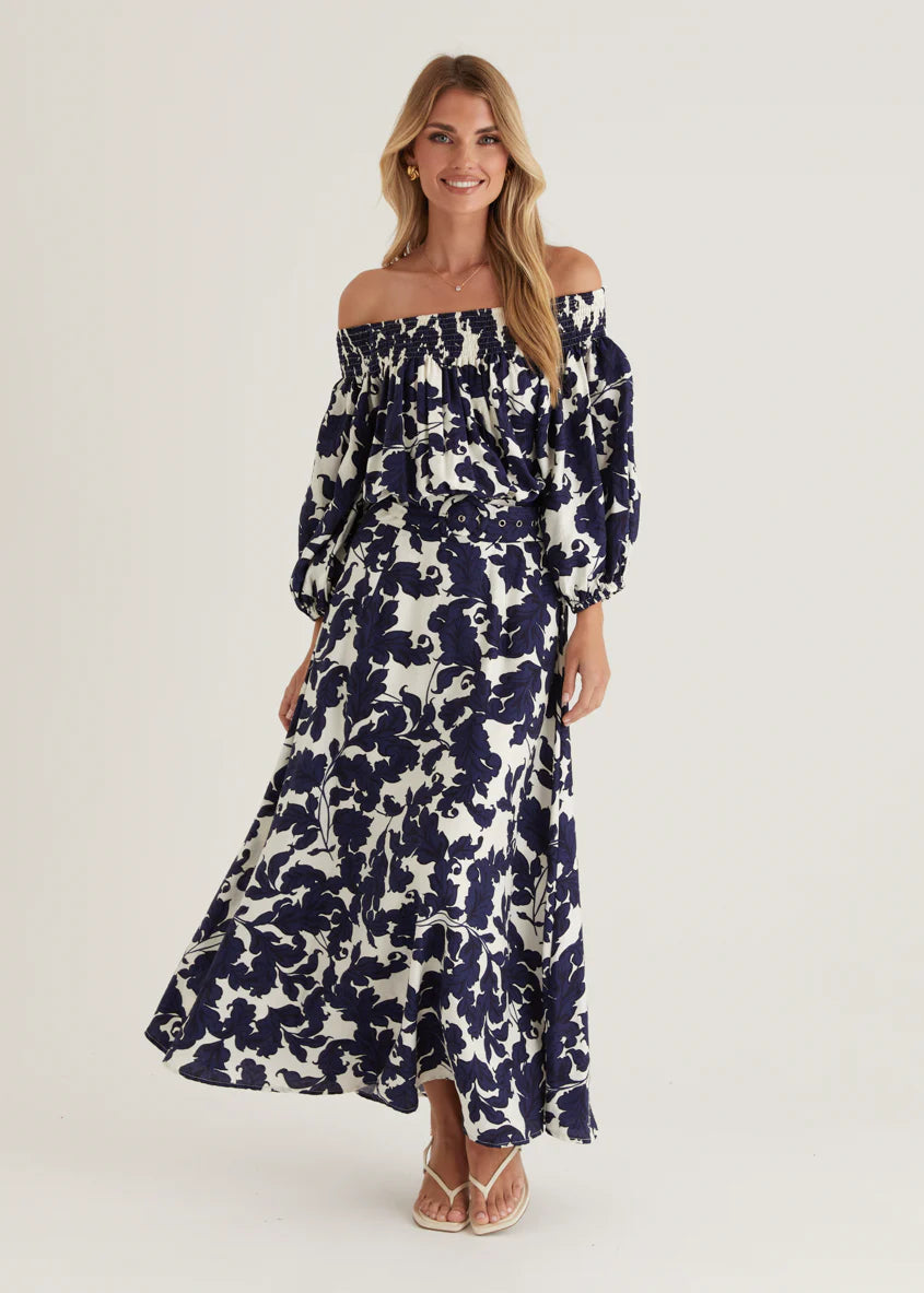 Talu Off Shoulder Midi Dress - Navy Paisley