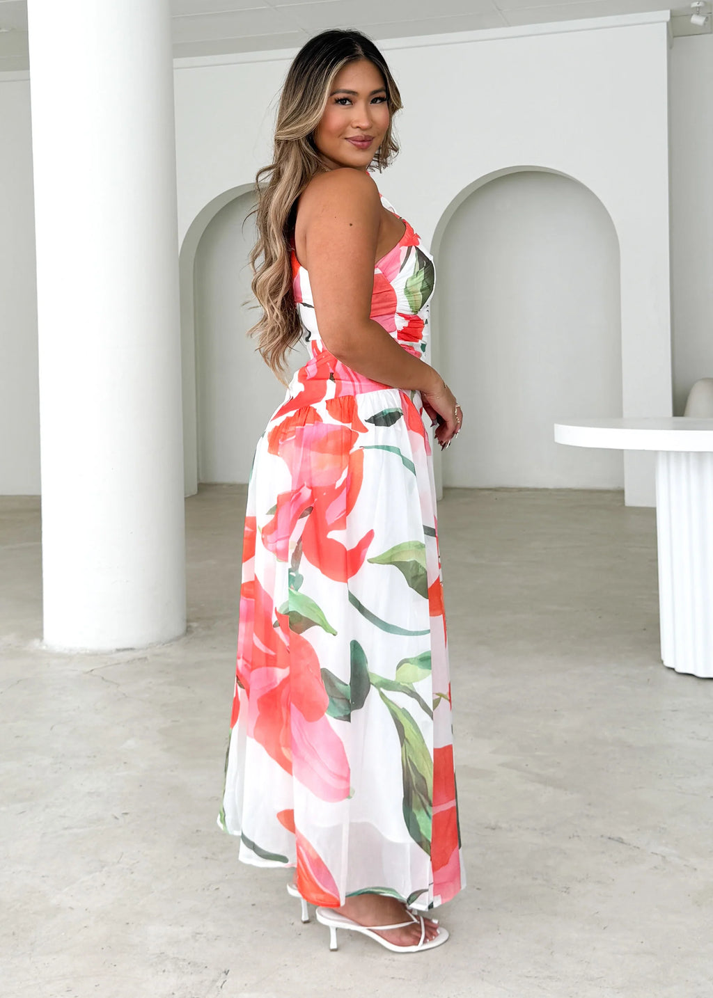 Lentara One Shoulder Maxi Dress - Red Flowers
