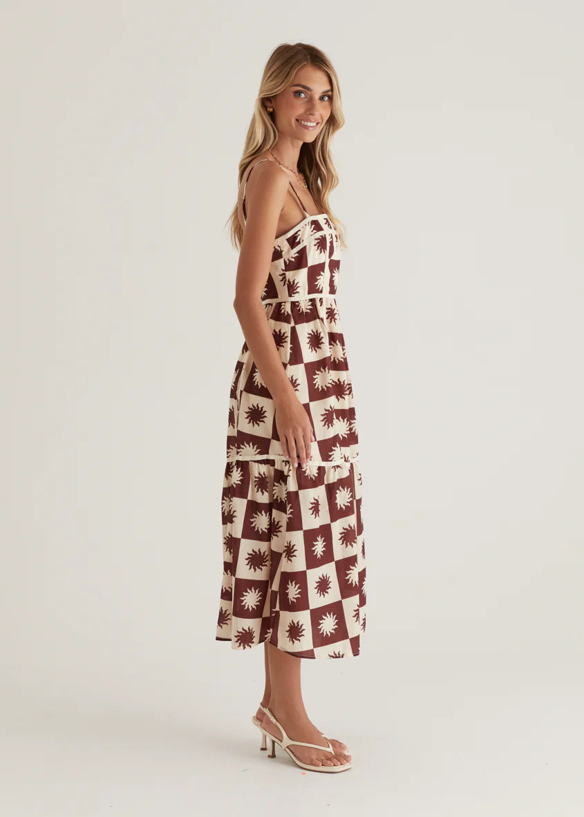 Valencia Midi Dress - Brown Abstract