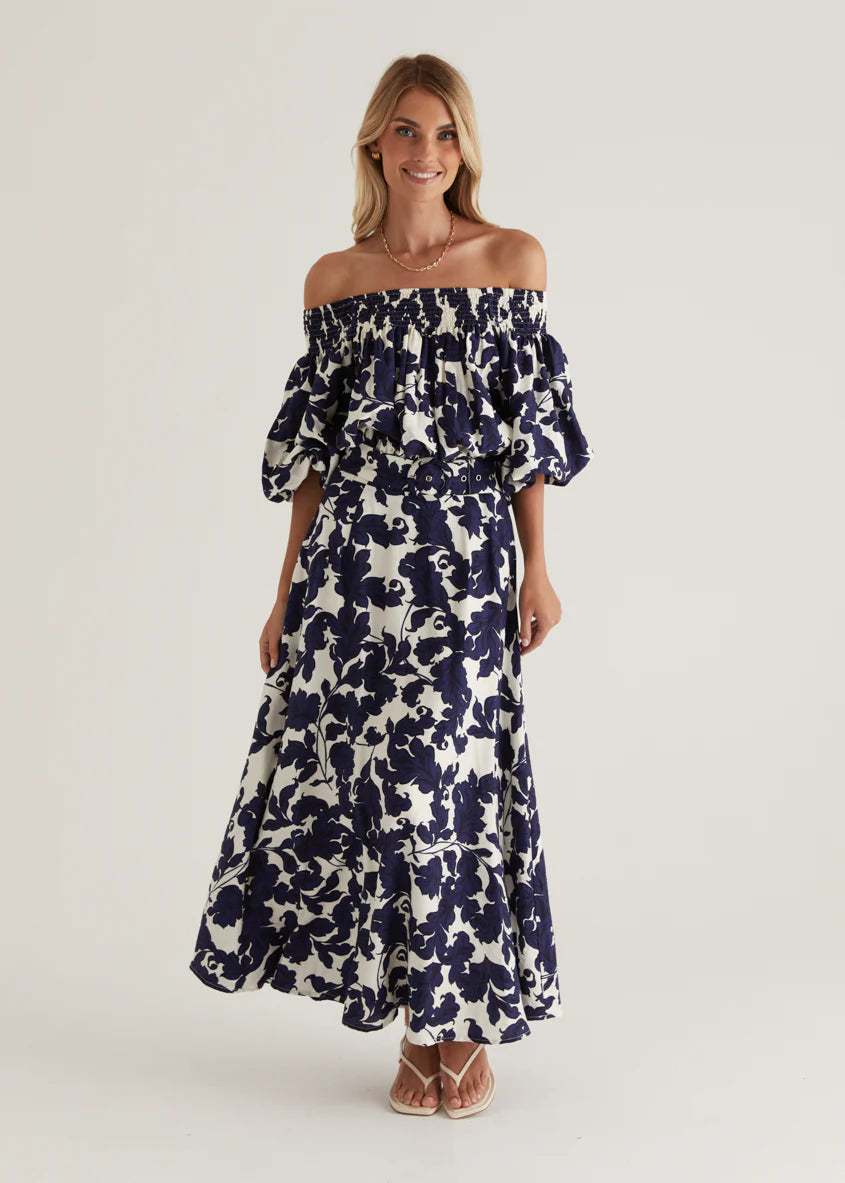 Talu Off Shoulder Midi Dress - Navy Paisley