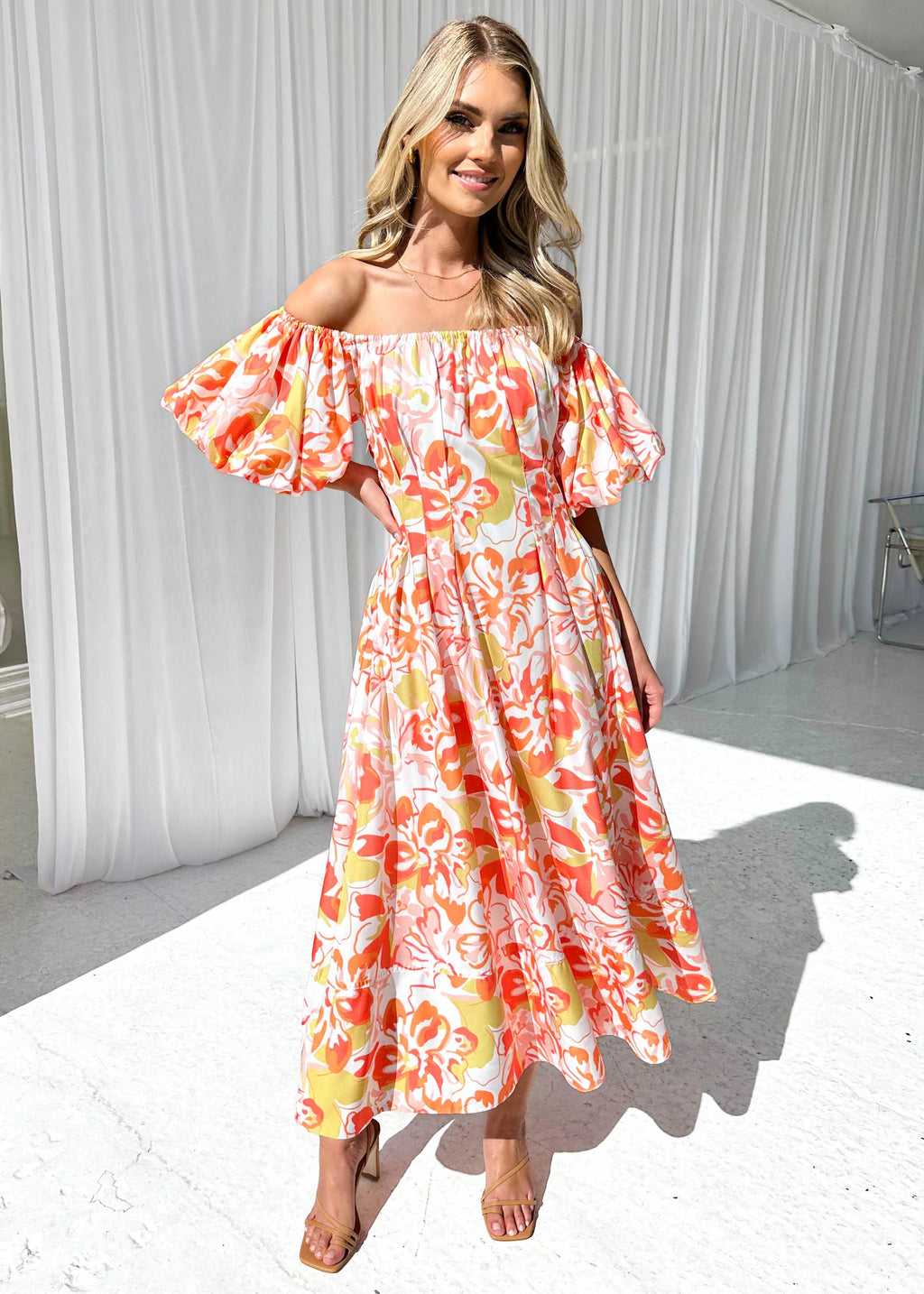 Jasmyn Off Shoulder Midi Dress - Mango Hibiscus