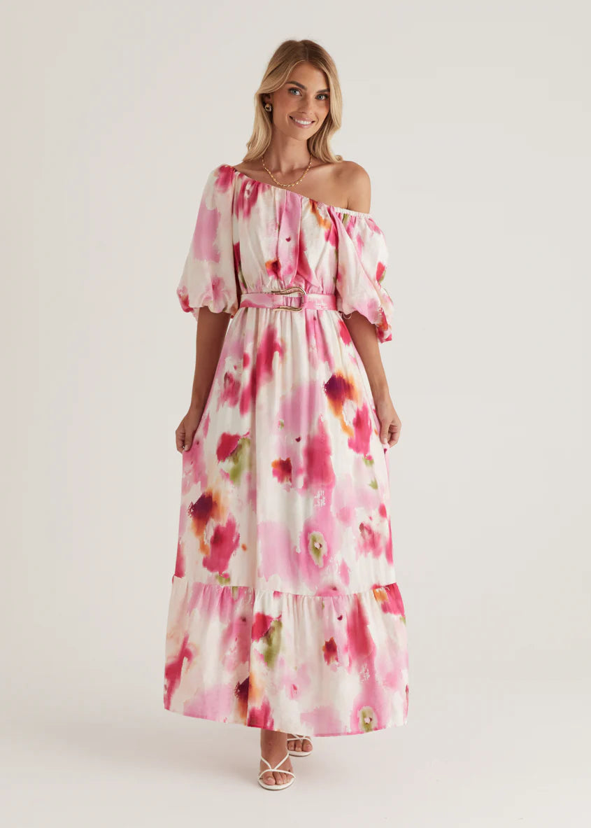 Halia Off Shoulder Midi Dress - Pink Watercolour