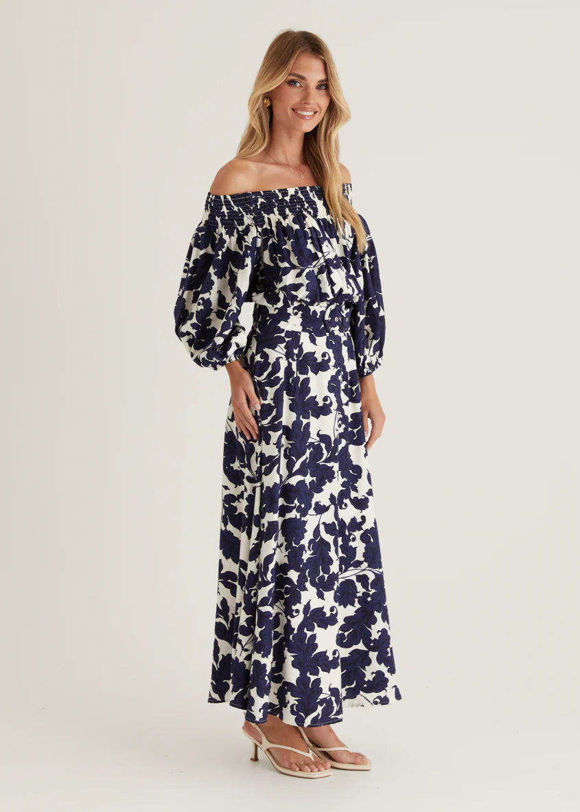 Talu Off Shoulder Midi Dress - Navy Paisley