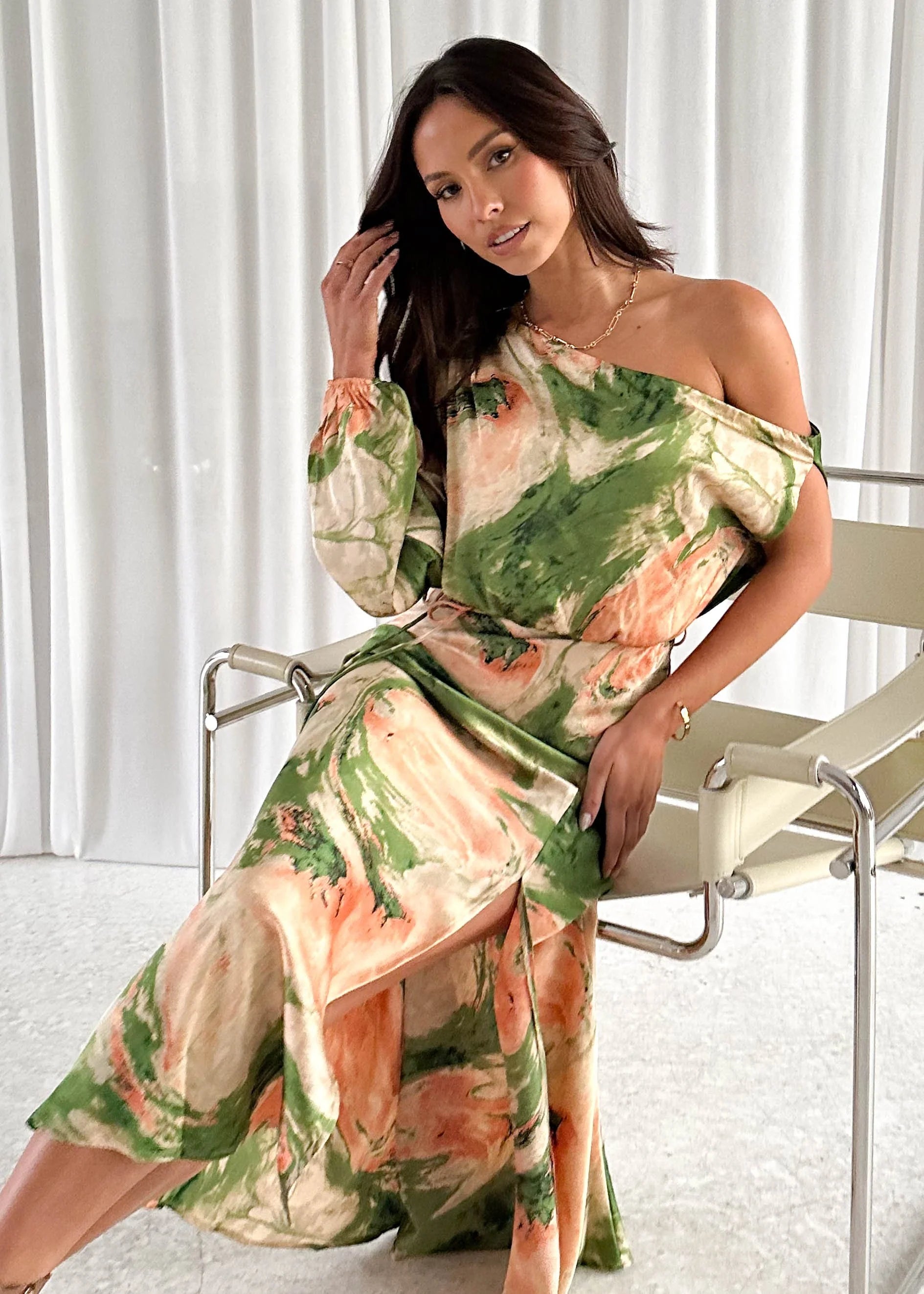 Elanor One Shoulder Midi Dress - Green Splash