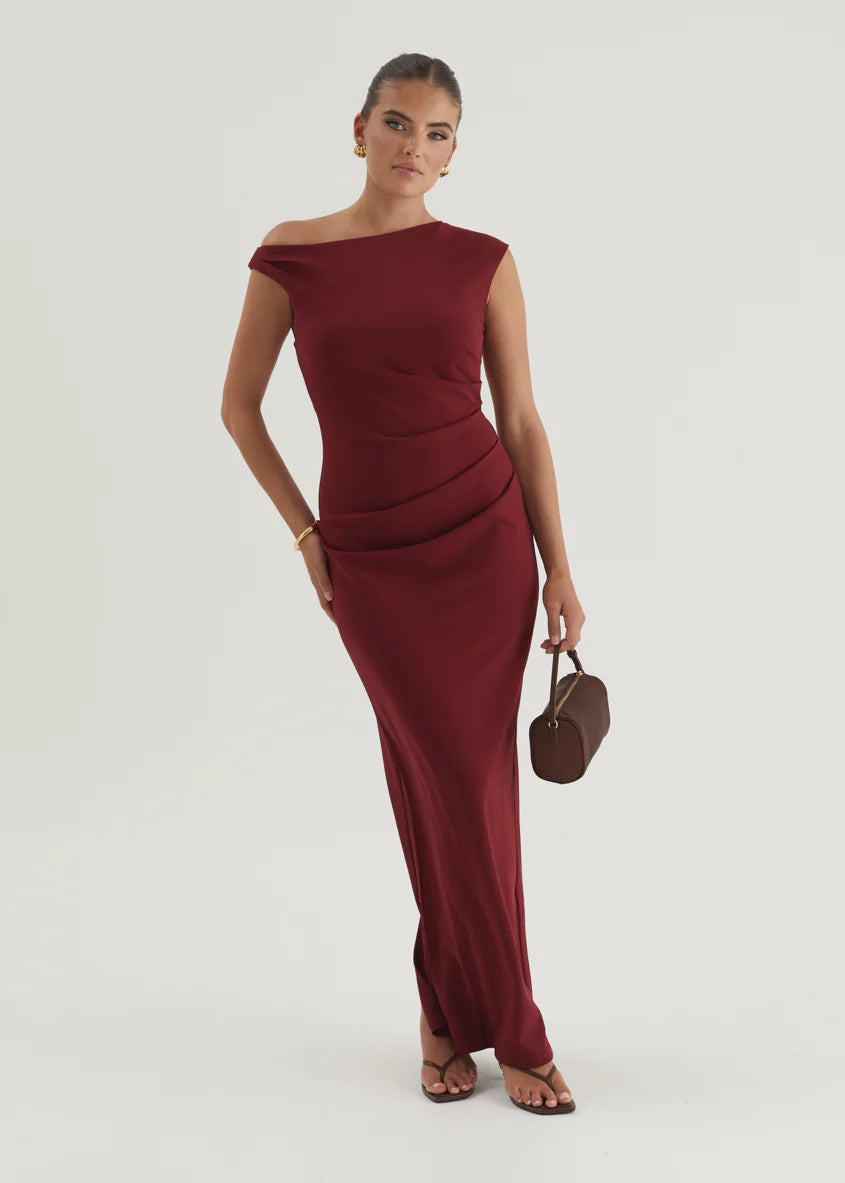 Carmella One Shoulder Maxi Dress - Burgundy