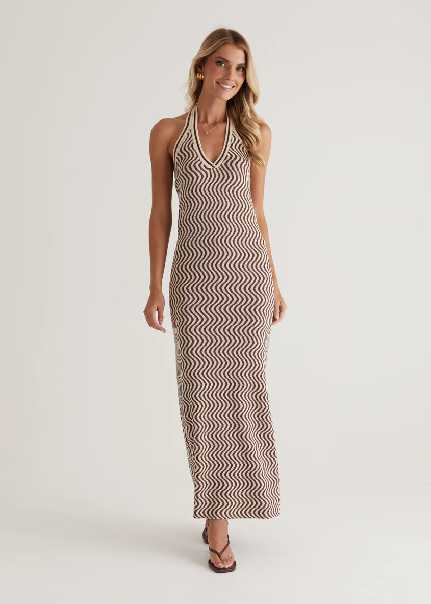 Lorelai Halter Knit Maxi Dress - Brown Swirl