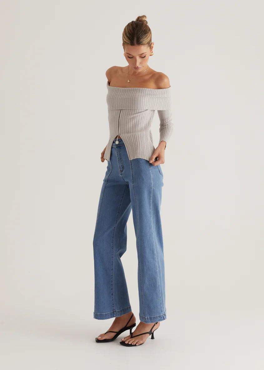 Ember Off Shoulder Knit Top - Stone