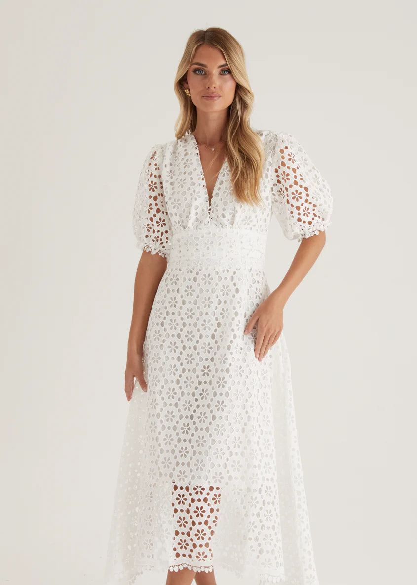 Jahra Lace Midi Dress - Off White
