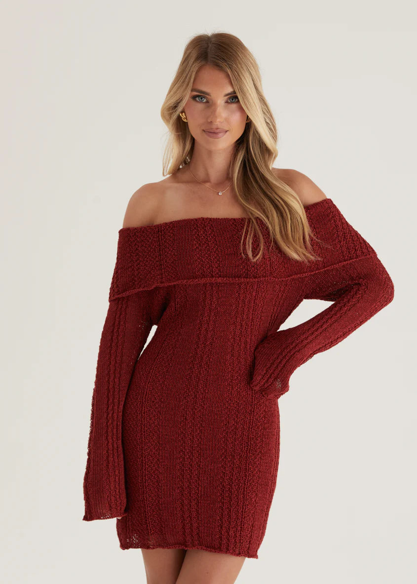 Luna Off Shoulder Knit Dress - Maroon
