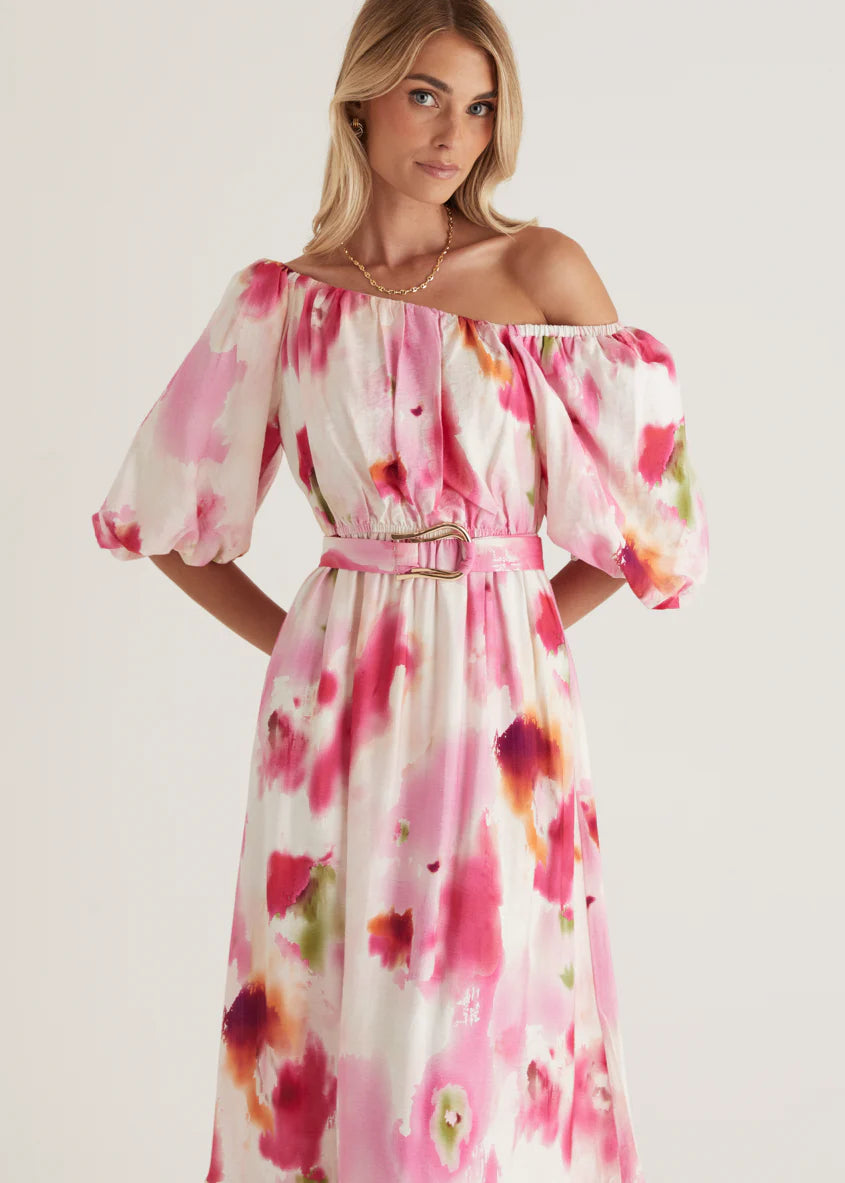 Halia Off Shoulder Midi Dress - Pink Watercolour