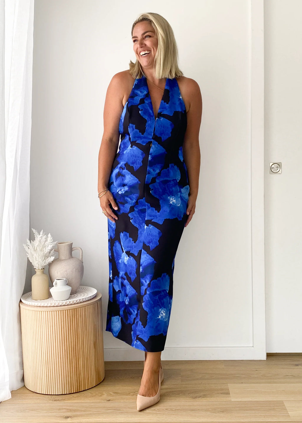 Tibetan Halter Maxi Dress - Blue Floral
