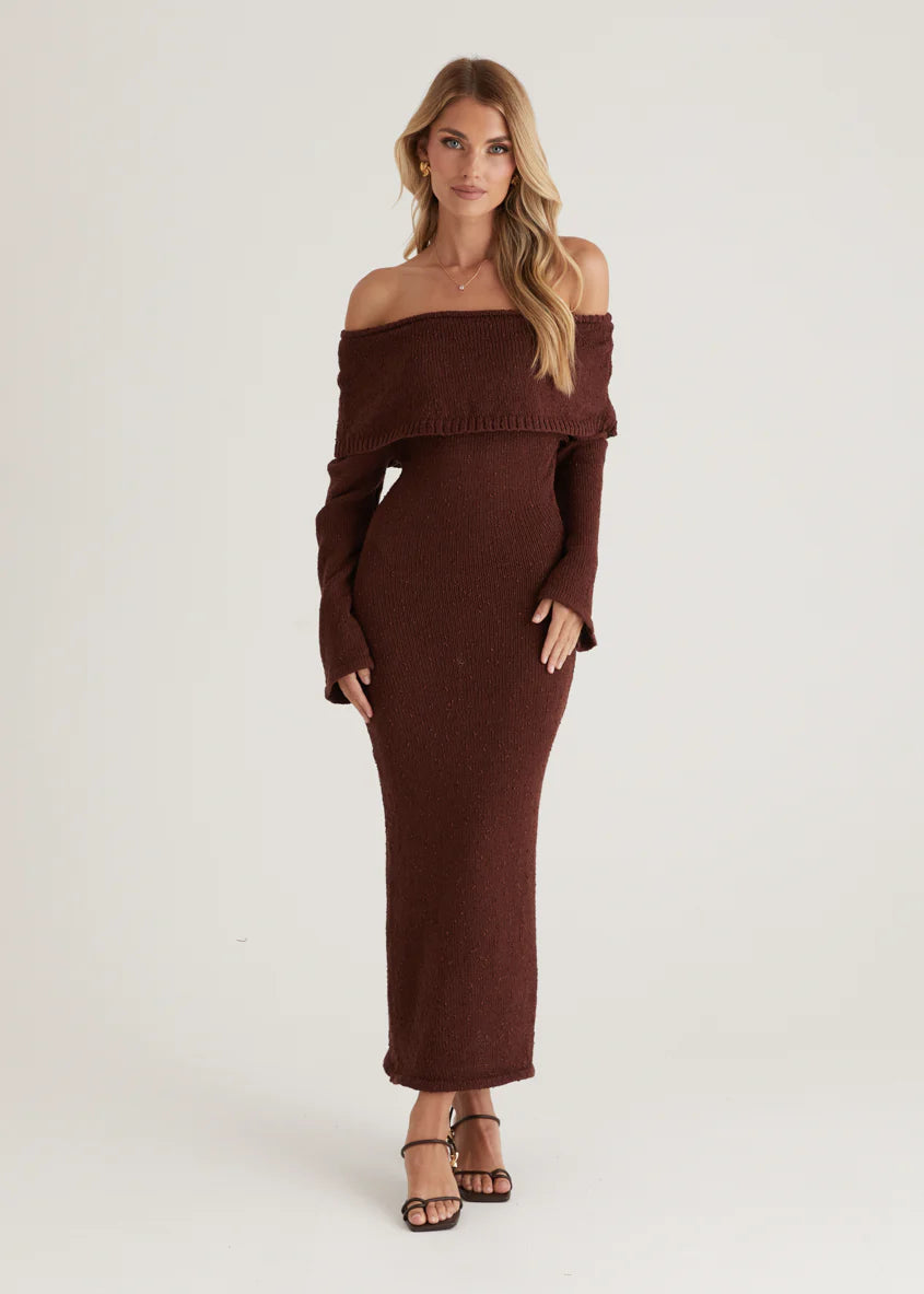 Sky Off Shoulder Knit Midi Dress - Chocolate
