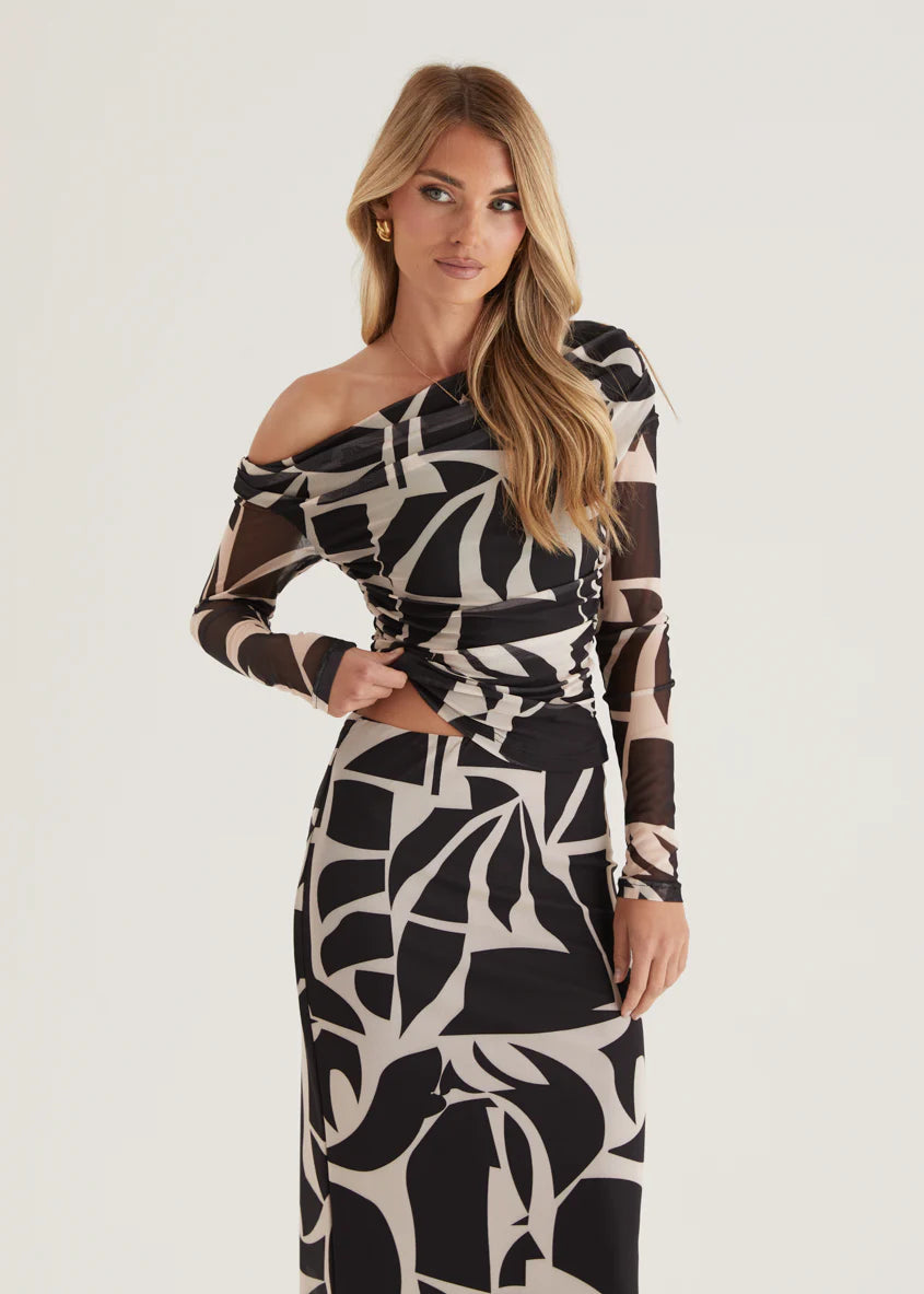 Mimi Mesh Maxi Skirt - Black Abstract