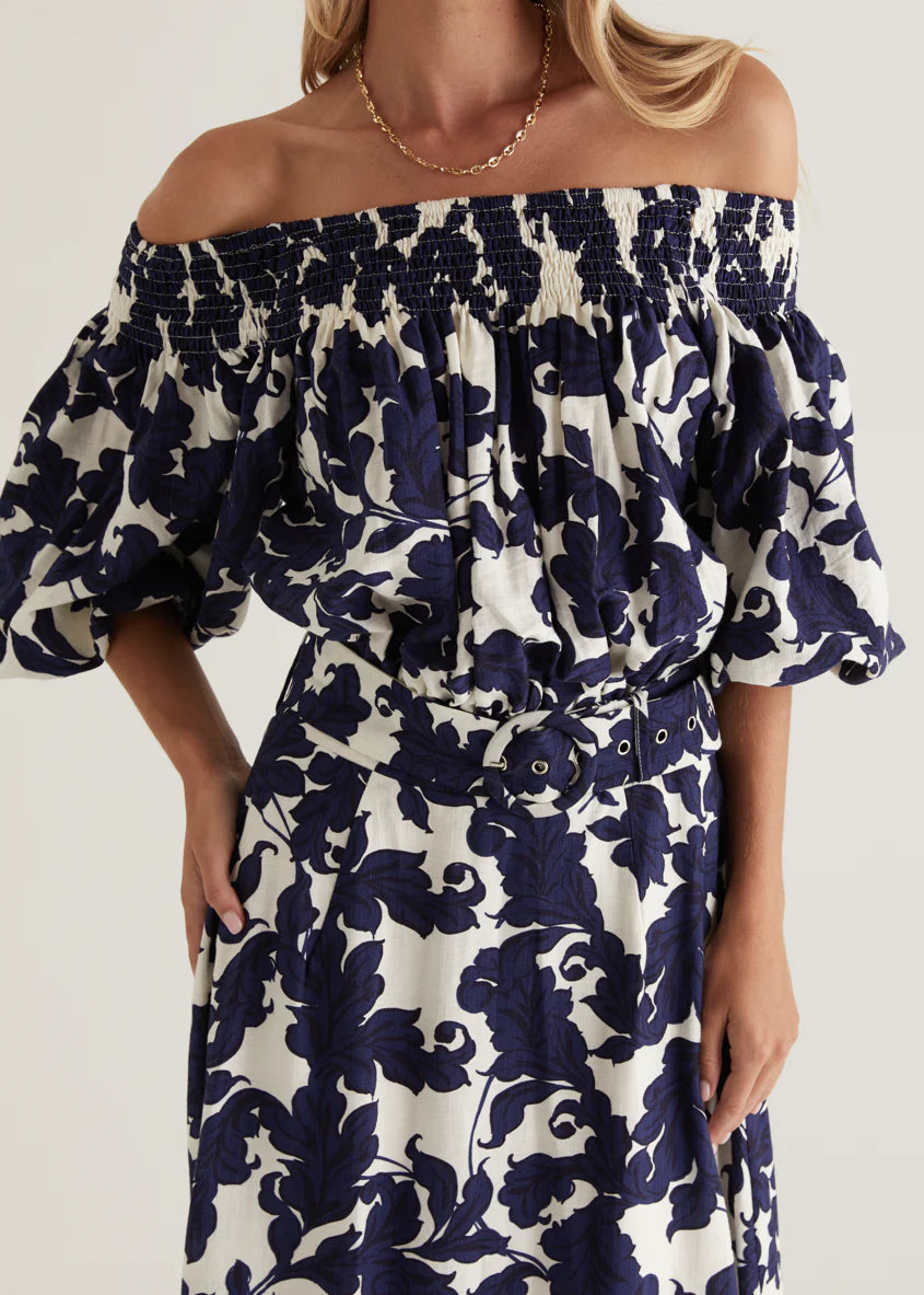 Talu Off Shoulder Midi Dress - Navy Paisley