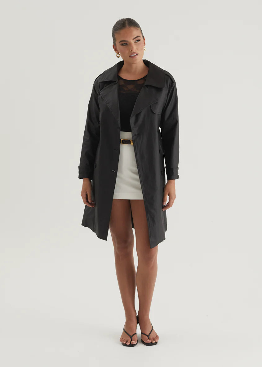 Rexia Coated Trench Coat - Black