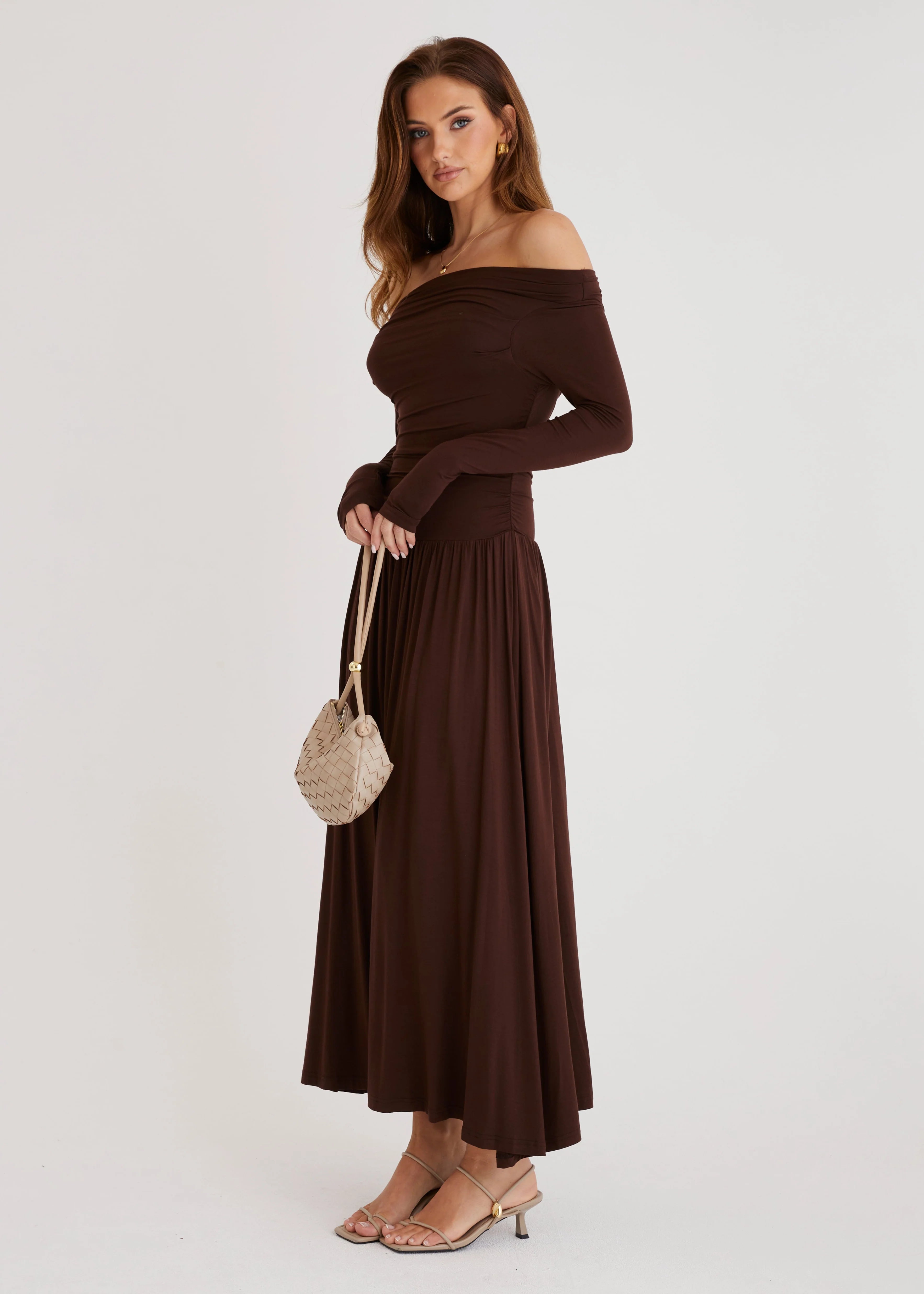 Aluna Off Shoulder Maxi Dress - Chocolate