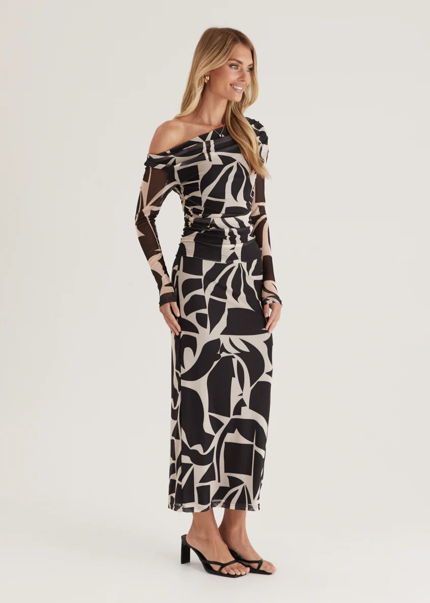 Mimi Mesh Maxi Skirt - Black Abstract