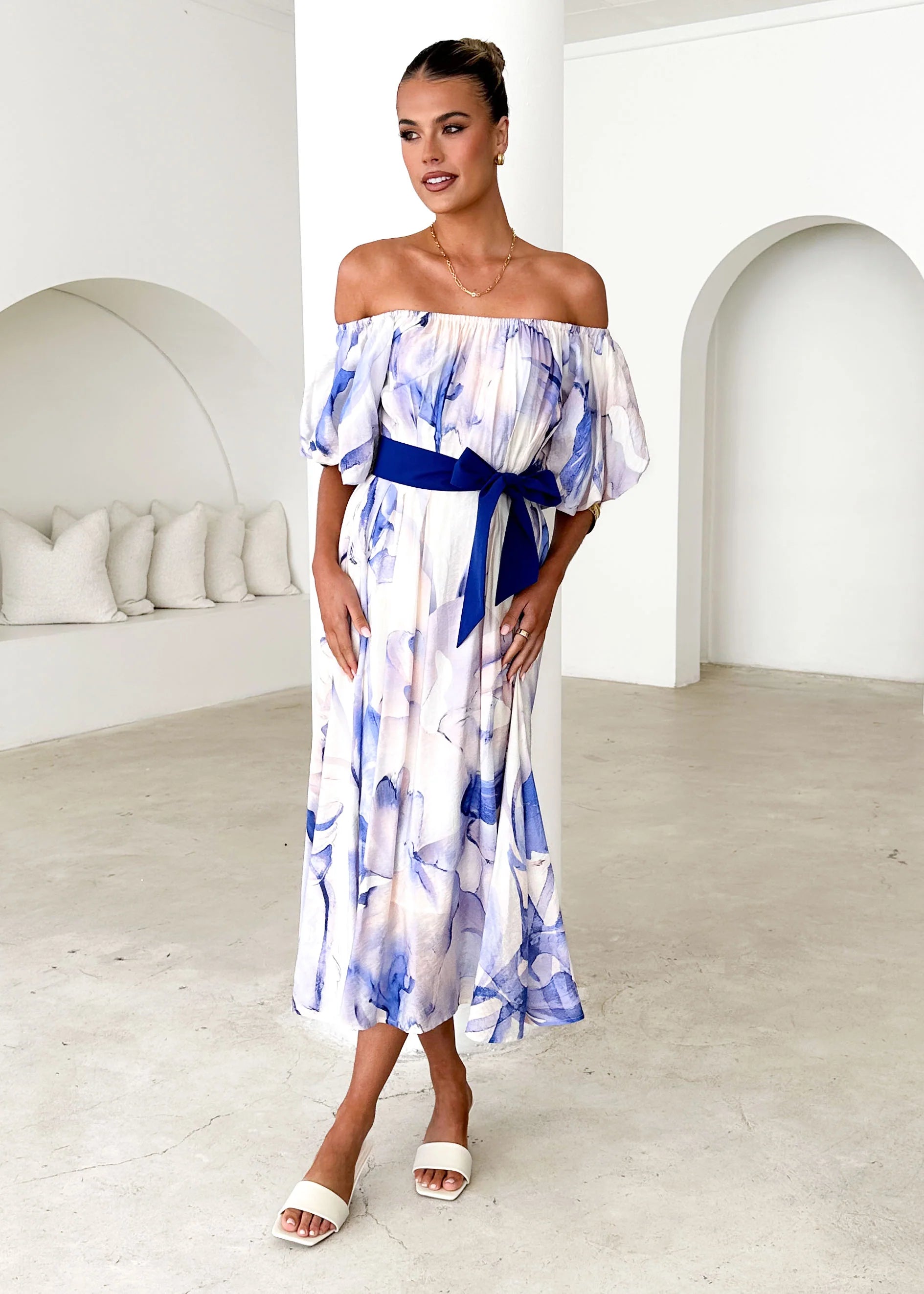 Reece Off Shoulder Midi Dress - Lapis Flame