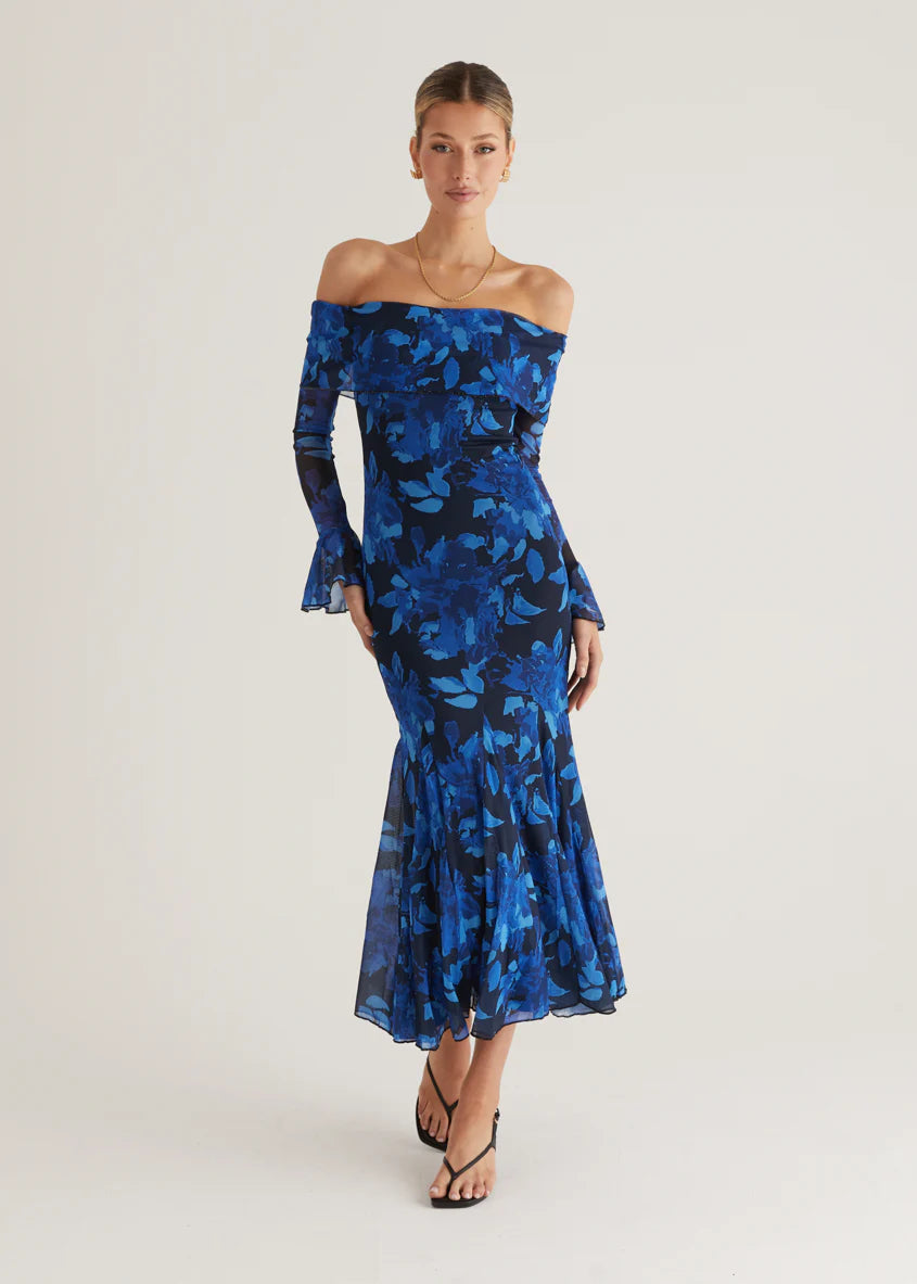 Linier Off Shoulder Mesh  Maxi Dress - Blue Floral