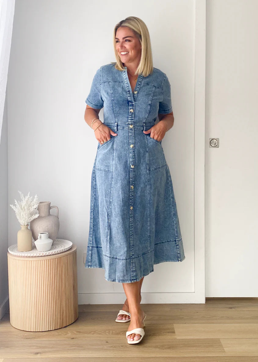 Petra Denim Midi Dress - Washed Blue