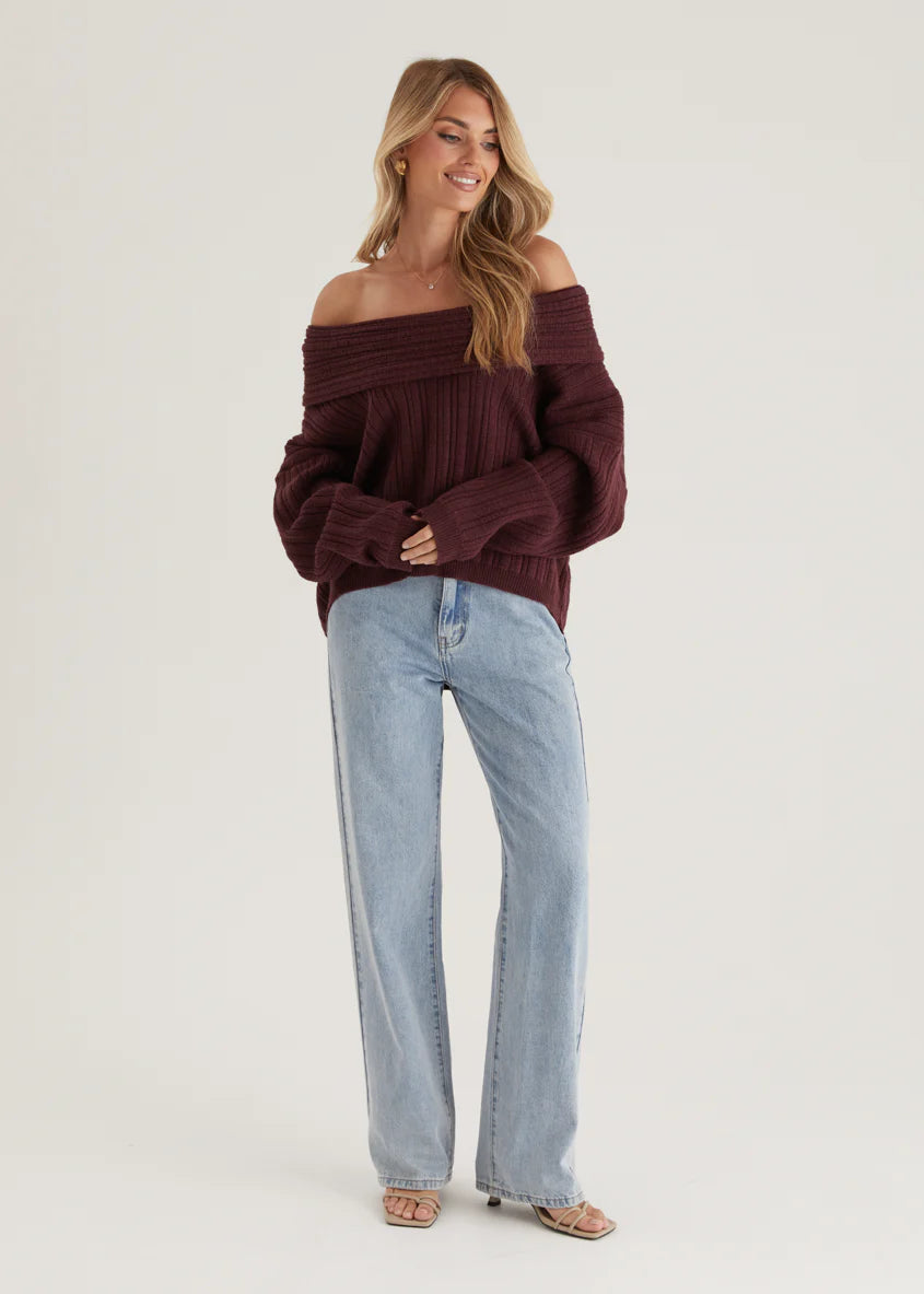 Shiloh Off Shoulder Sweater - Wine