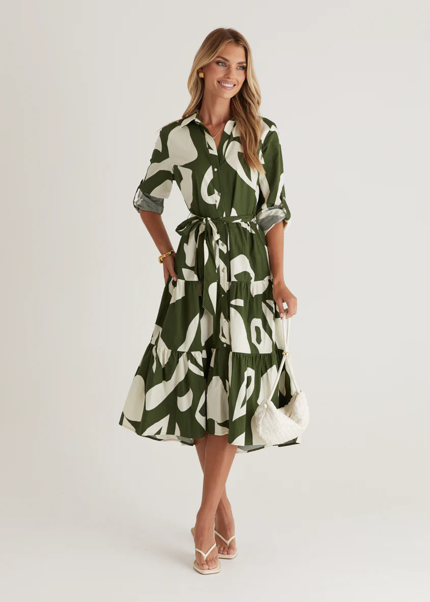 Maybelle Midi Dress - Khaki Leaf