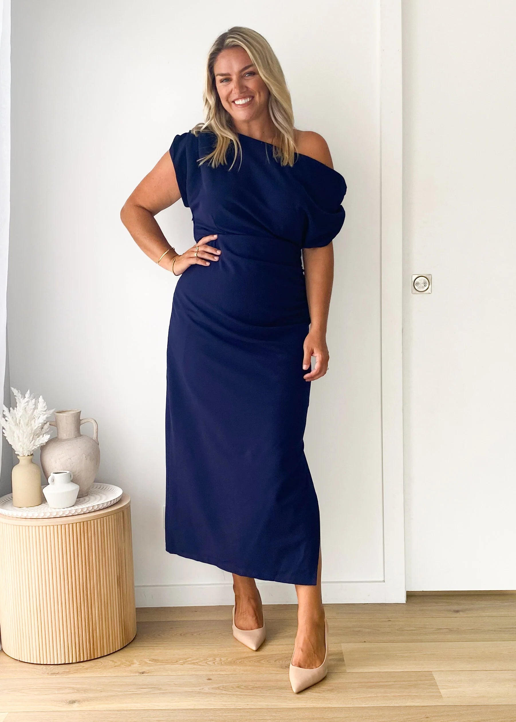 Darcie Off Shoulder Midi Dress - Navy