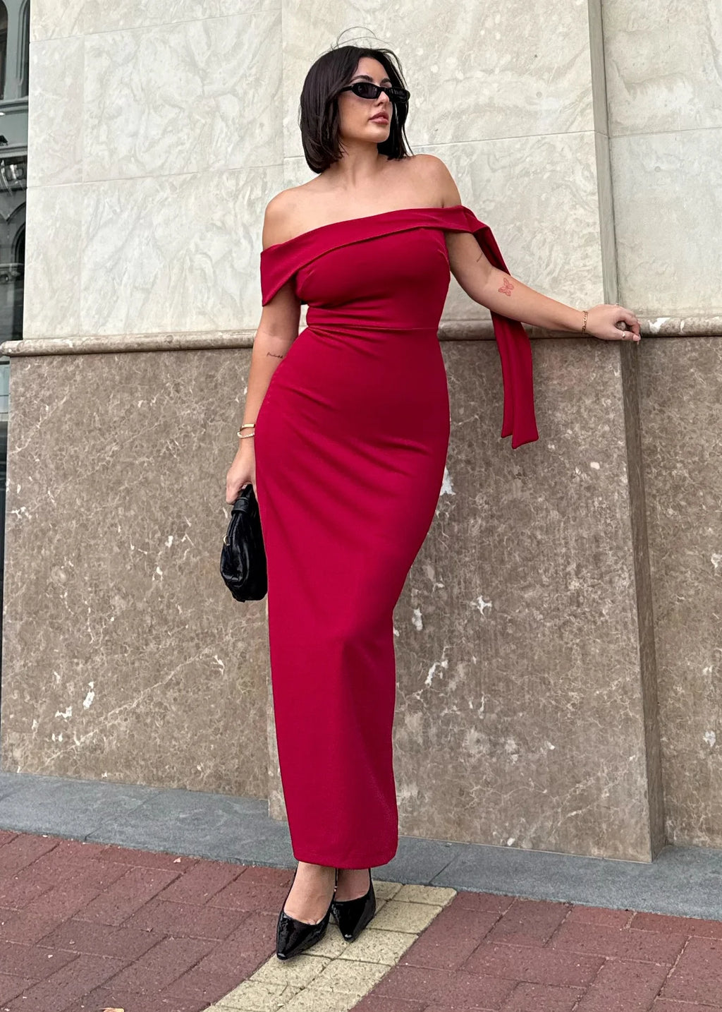 Renia Off Shoulder Maxi Dress - Cherry